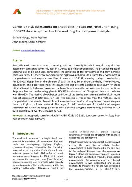  Corrosion risk assessment for sheet piles in road environment – using ISO9223 dose response function and long term exposure samples