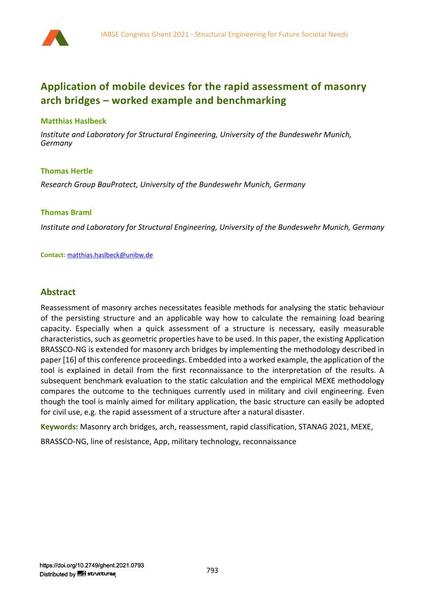  Application of mobile devices for the rapid assessment of masonry arch bridges – worked example and benchmarking