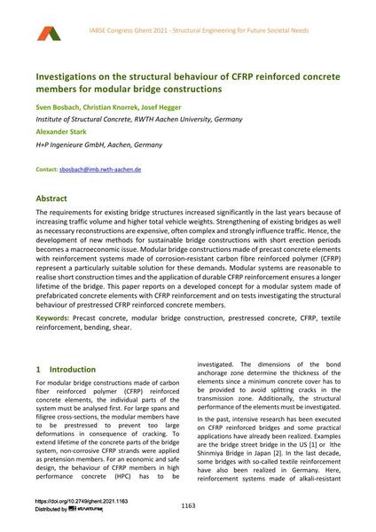  Investigations on the structural behaviour of CFRP reinforced concrete members for modular bridge constructions