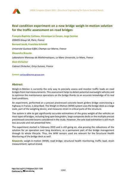  Real condition experiment on a new bridge weigh-in-motion solution for the traffic assessment on road bridges