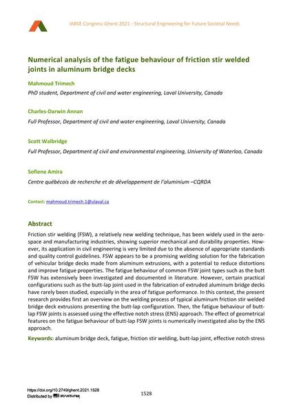 Numerical analysis of the fatigue behaviour of friction stir welded joints in aluminum bridge decks