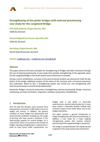  Strengthening of box girder bridges with external prestressing - case study for the Langeland Bridge.