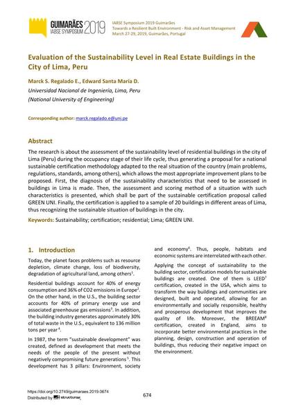  Evaluation of the Sustainability Level in Real Estate Buildings in the City of Lima, Peru