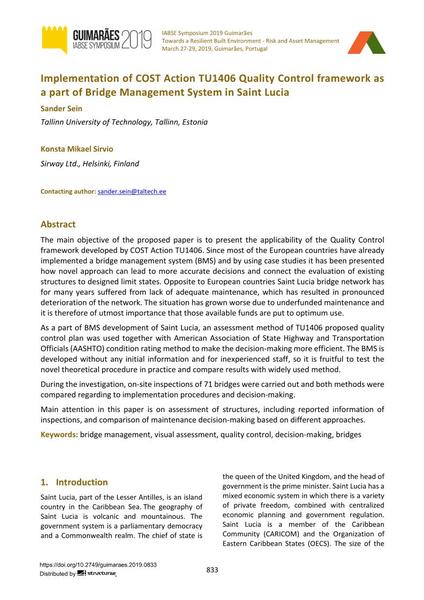 Implementation of COST Action TU1406 Quality Control framework as a part of Bridge Management System in Saint Lucia