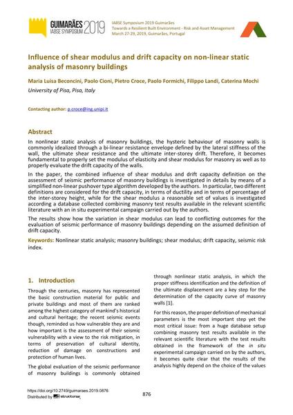  Influence of shear modulus and drift capacity on non-linear static analysis of masonry buildings