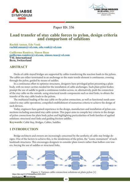  Load transfer of stay cable forces to pylon, design criteria and comparison of solutions
