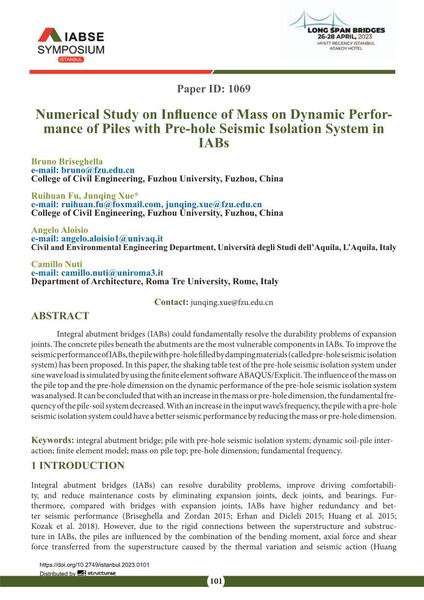  Numerical Study on Inﬂuence of Mass on Dynamic Performance of Piles with Pre-hole Seismic Isolation System in IABs