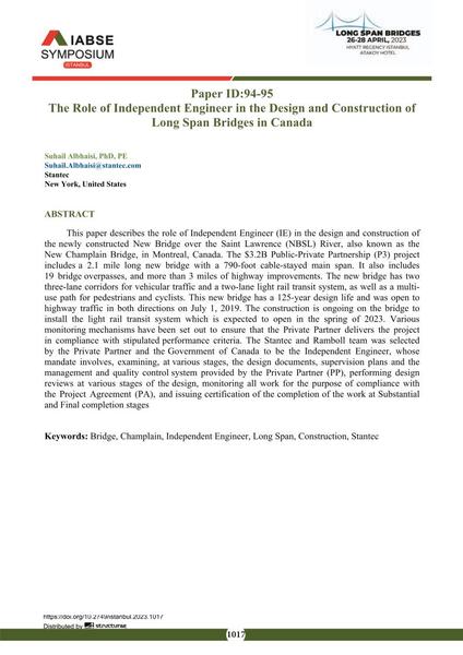 The Role of Independent Engineer in the Design and Construction of Long Span Bridges in Canada
