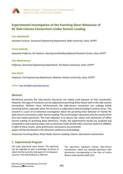  Experimental Investigation of the Punching Shear Behaviour of RC Slab-Column Connections Under Seismic Loading