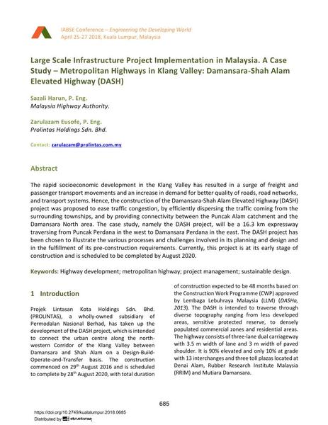  Large Scale Infrastructure Project Implementation in Malaysia. A Case Study – Metropolitan Highways in Klang Valley: Damansara-Shah Alam Elevated Highway (DASH)