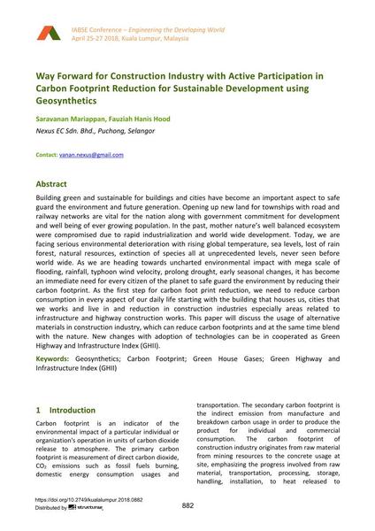  Way Forward for Construction Industry with Active Participation in Carbon Footprint Reduction for Sustainable Development using Geosynthetics