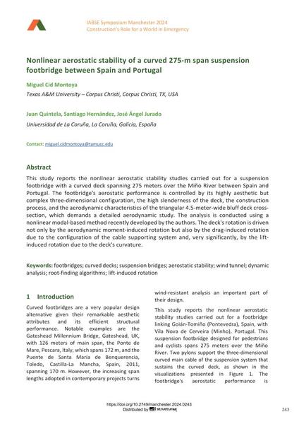  Nonlinear aerostatic stability of a curved 275-m span suspension footbridge between Spain and Portugal