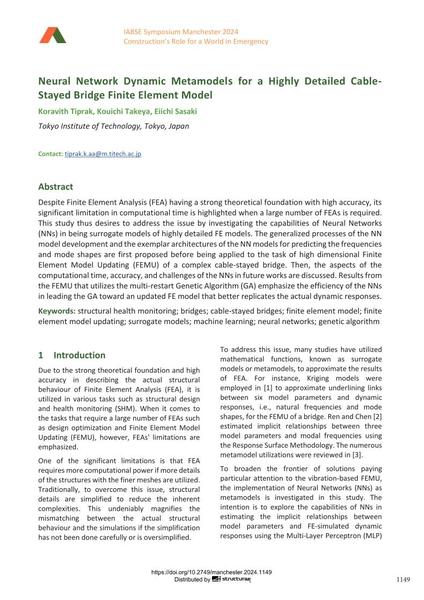  Neural Network Dynamic Metamodels for a Highly Detailed Cable-Stayed Bridge Finite Element Model