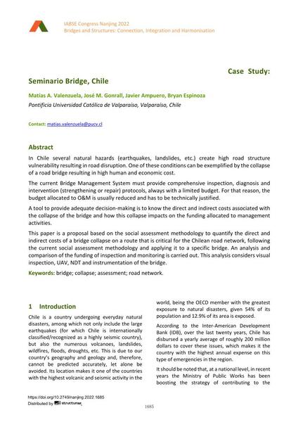  Proposal Based on the Social Assessment Methodology for a Scenario in which the Road Network Faces a Bridge Collapse. Case Study: Seminario Bridge, Chile