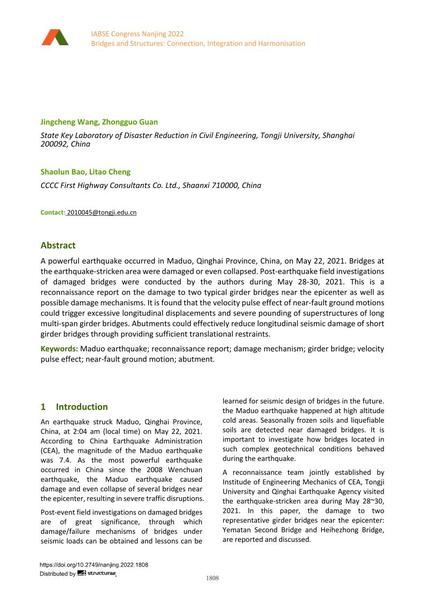  Reconnaissance Report on Damage of Bridges in 2021 Maduo, China, Earthquake