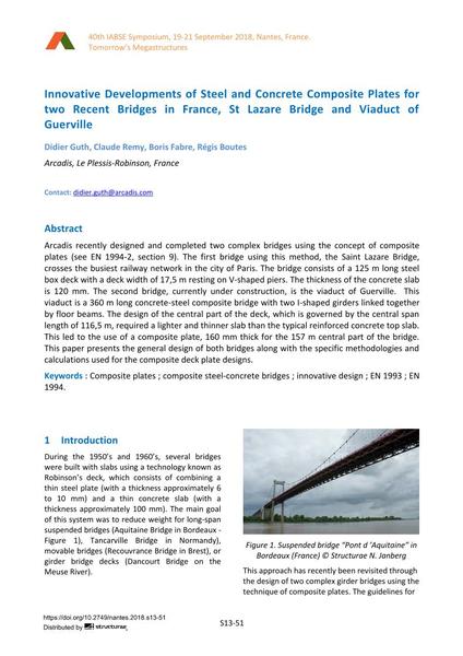  Innovative Developments of Steel and Concrete Composite Plates for two Recent Bridges in France, St Lazare Bridge and Viaduct of Guerville
