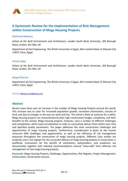 A Systematic Review for the Implementation of Risk Management within Construction of Mega Housing Projects