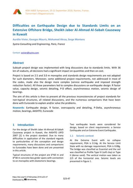  Difficulties on Earthquake Design due to Standards Limits on an Extensive Offshore Bridge, Sheikh Jaber Al-Ahmad Al-Sabah Causeway in Kuwait