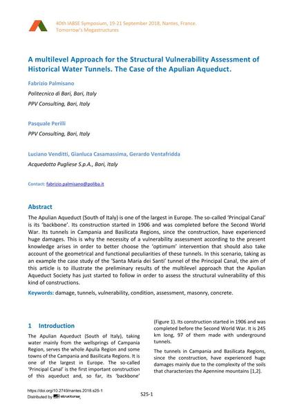 A multilevel Approach for the Structural Vulnerability Assessment of Historical Water Tunnels. The Case of the Apulian Aqueduct.