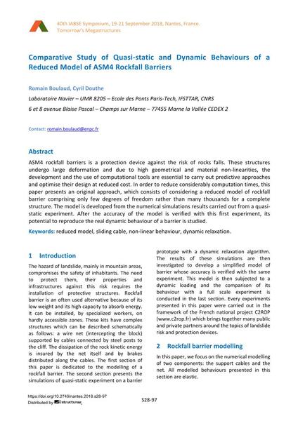  Comparative Study of Quasi-static and Dynamic Behaviours of a Reduced Model of ASM4 Rockfall Barriers