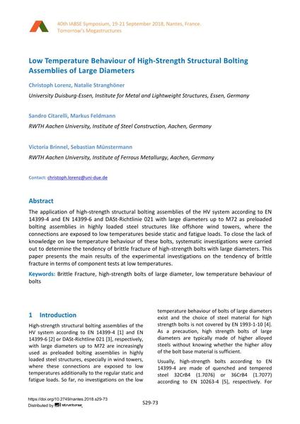  Low Temperature Behaviour of High-Strength Structural Bolting Assemblies of Large Diameters