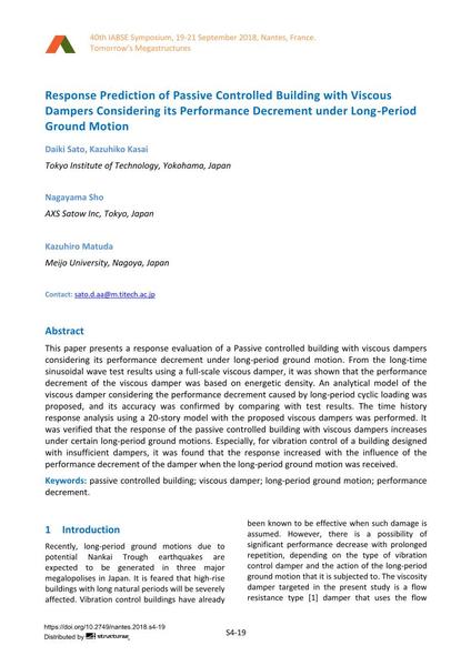  Response Prediction of Passive Controlled Building with Viscous Dampers Considering its Performance Decrement under Long-Period Ground Motion