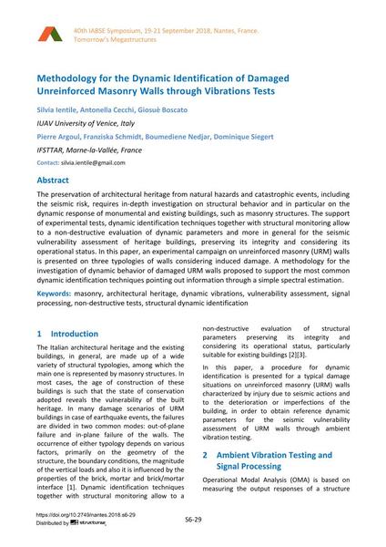  Methodology for the Dynamic Identification of Damaged Unreinforced Masonry Walls through Vibrations Tests