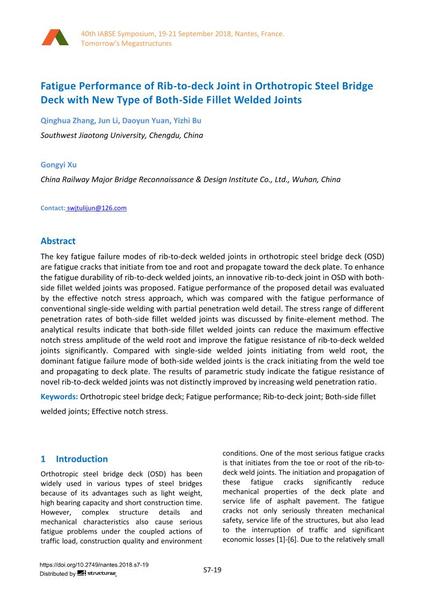  Fatigue Performance of Rib-to-deck Joint in Orthotropic Steel Bridge Deck with New Type of Both-Side Fillet Welded Joints