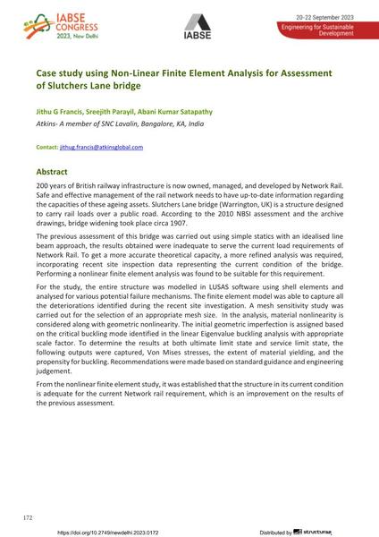  Case study using Non-Linear Finite Element Analysis for Assessment of Slutchers Lane bridge