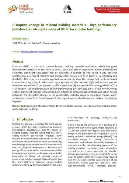  Disruptive change in mineral building materials - high-performance prefabricated elements made of UHPC for circular buildings