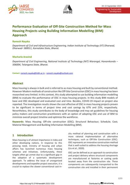  Performance Evaluation of Off-Site Construction Method for Mass Housing Projects using Building Information Modelling (BIM) Approach
