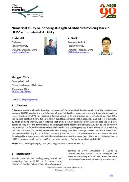  Numerical study on bonding strength of ribbed reinforcing bars in UHPC with material ductility