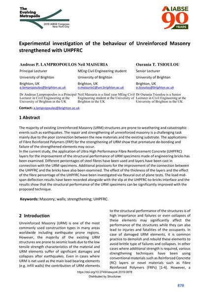  Experimental investigation of the behaviour of Unreinforced Masonry strengthened with UHPFRC