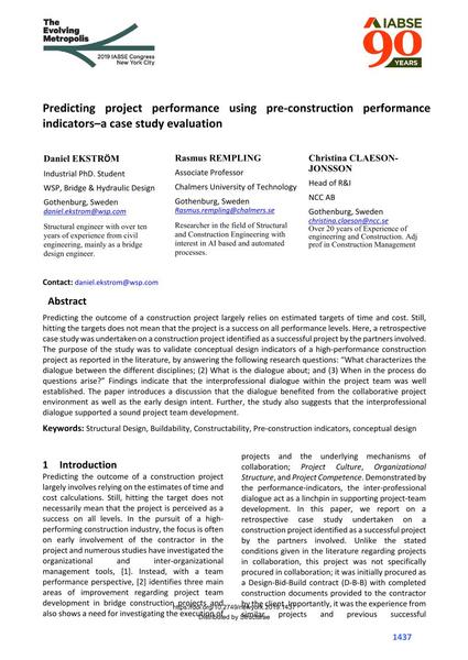  Predicting project performance using pre-construction performance indicators–a case study evaluation
