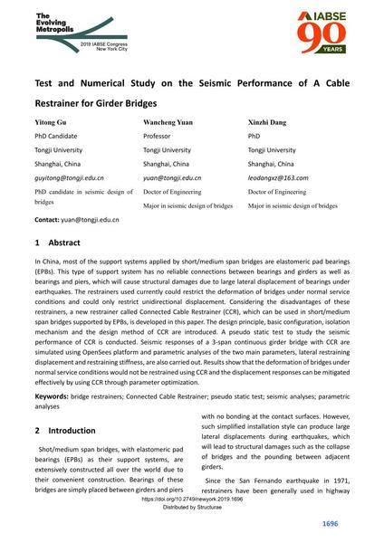  Test and Numerical Study on the Seismic Performance of A Cable Restrainer for Girder Bridges