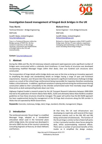  Investigation based management of hinged deck bridges in the UK
