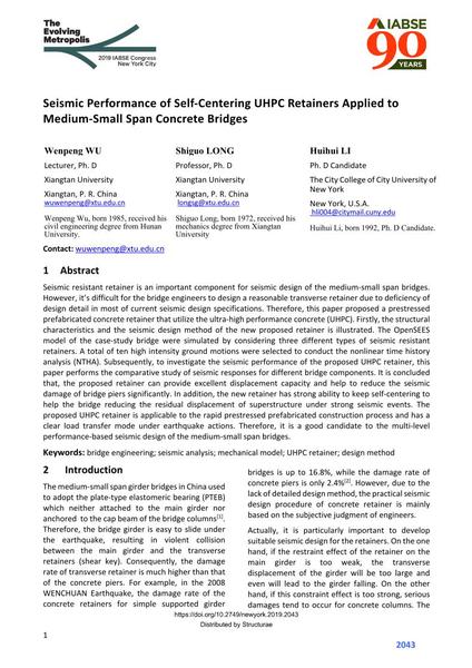  Seismic Performance of Self-Centering UHPC Retainers Applied to Medium-Small Span Concrete Bridges