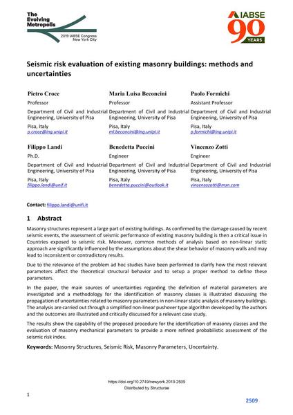  Seismic risk evaluation of existing masonry buildings: methods and uncertainties