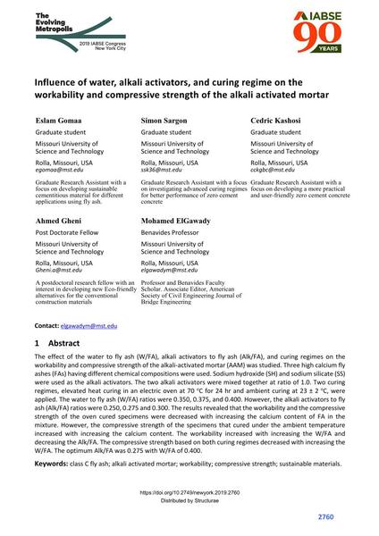  Influence of water, alkali activators, and curing regime on the workability and compressive strength of the alkali activated mortar