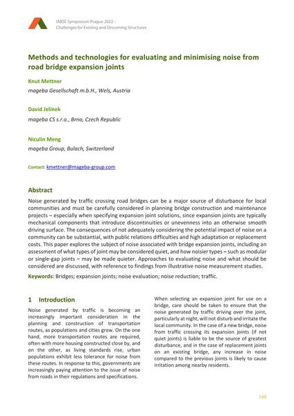  Methods and technologies for evaluating and minimising noise from road bridge expansion joints