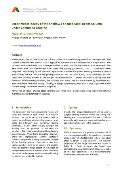  Experimental Study of the Shallow I-Shaped Steel Beam-Column under Combined Loading