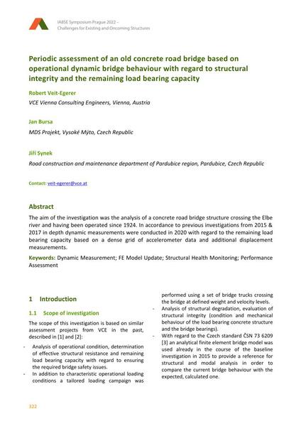  Periodic assessment of an old concrete road bridge based on operational dynamic bridge behaviour with regard to structural integrity and the remaining load bearing capacity