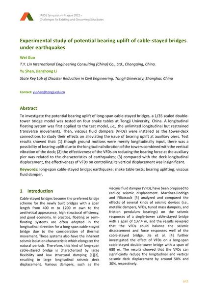  Experimental study of potential bearing uplift of cable-stayed bridges under earthquakes