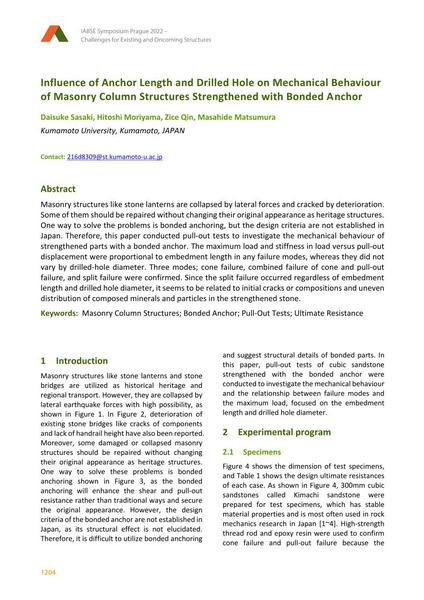  Influence of Anchor Length and Drilled Hole on Mechanical Behaviour of Masonry Column Structures Strengthened with Bonded Anchor