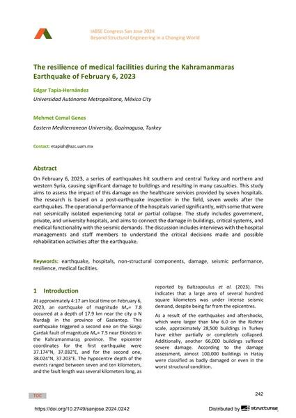 The resilience of medical facilities during the Kahramanmaras Earthquake of February 6, 2023