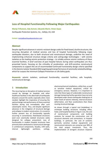  Loss of Hospital Functionality Following Major Earthquakes