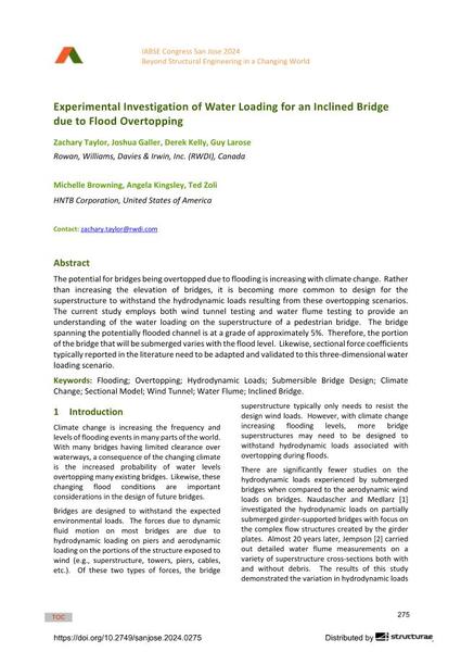  Experimental Investigation of Water Loading for an Inclined Bridge due to Flood Overtopping