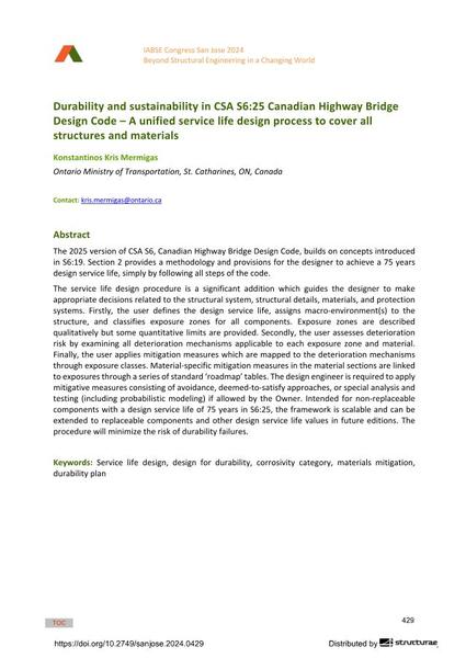  Durability and sustainability in CSA S6:25 Canadian Highway Bridge Design Code – A unified service life design process to cover all structures and materials