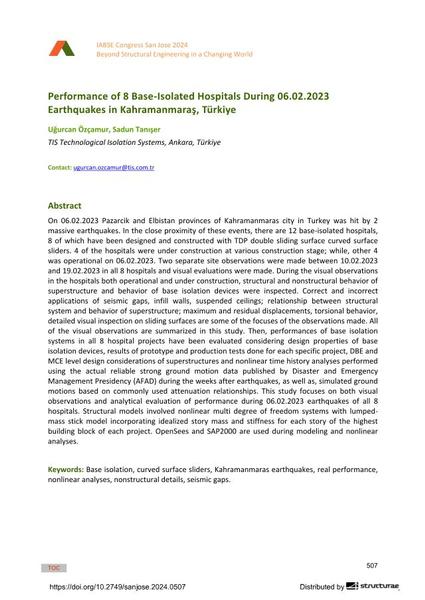  Performance of 8 Base-Isolated Hospitals During 06.02.2023 Earthquakes in Kahramanmaraş, Türkiye