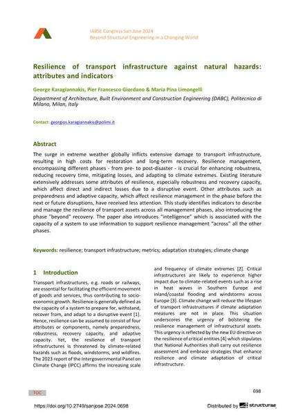  Resilience of transport infrastructure against natural hazards: attributes and indicators